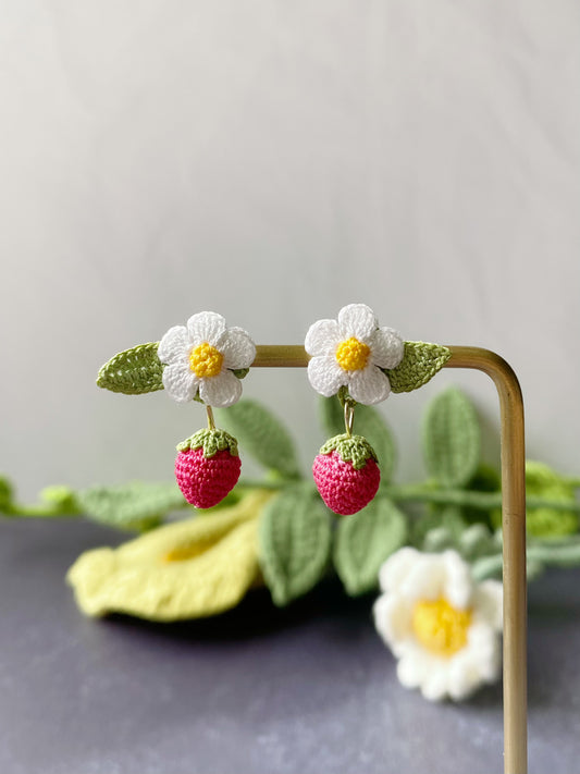 Strawberry with flower Micro Crochet Earrings