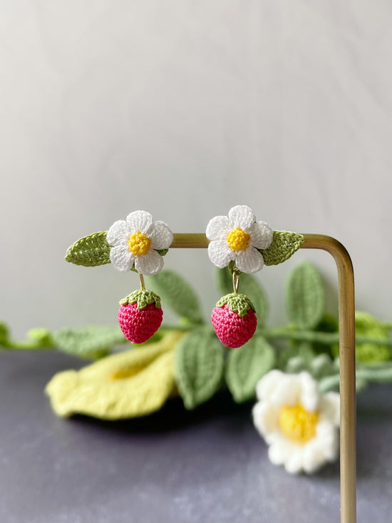 Load image into Gallery viewer, Strawberry with flower Micro Crochet Earrings
