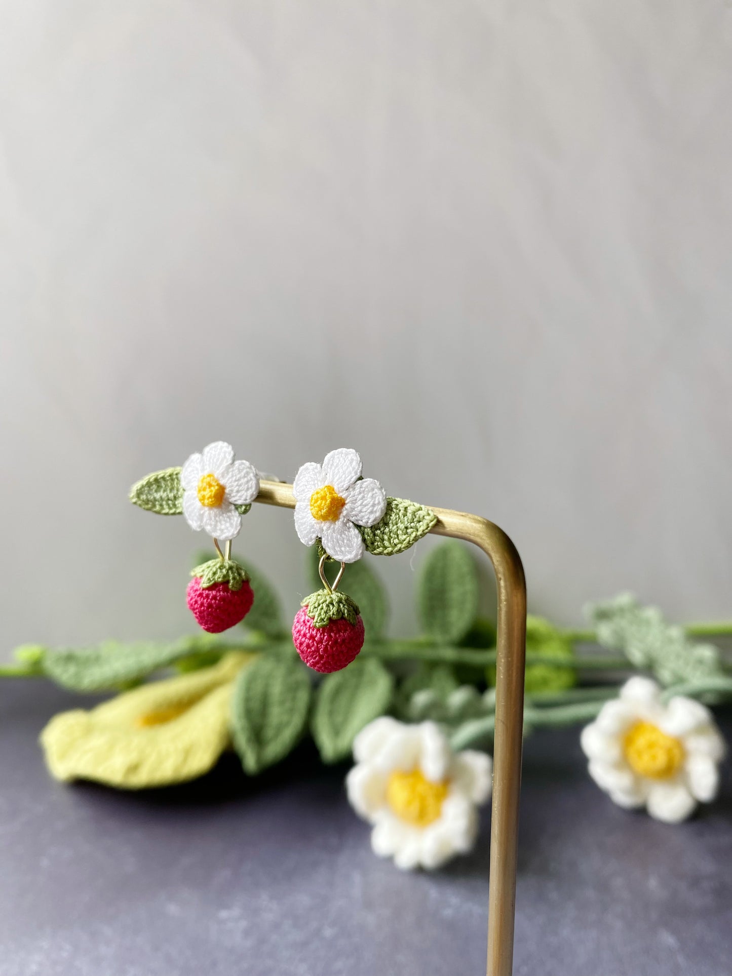 Strawberry with flower Micro Crochet Earrings